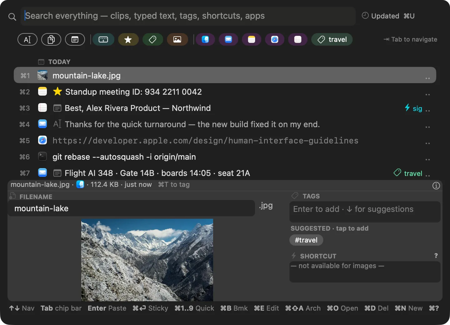 An image clip selected in the clippal search panel, with a photo preview, an editable filename field and tag suggestions