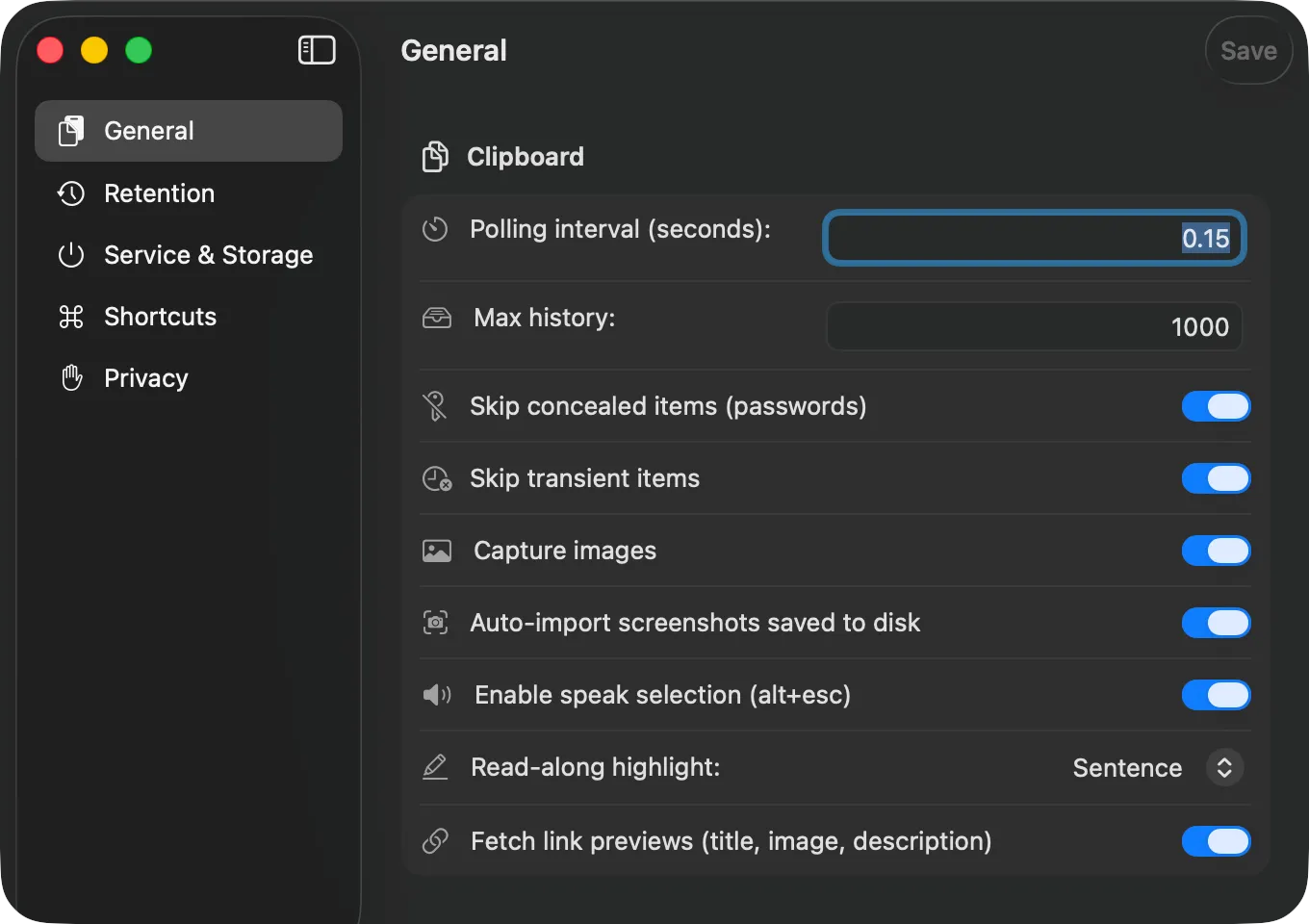 The clippal settings window with a sidebar of General, Retention, Service and Storage, Shortcuts and Privacy sections and toggle rows